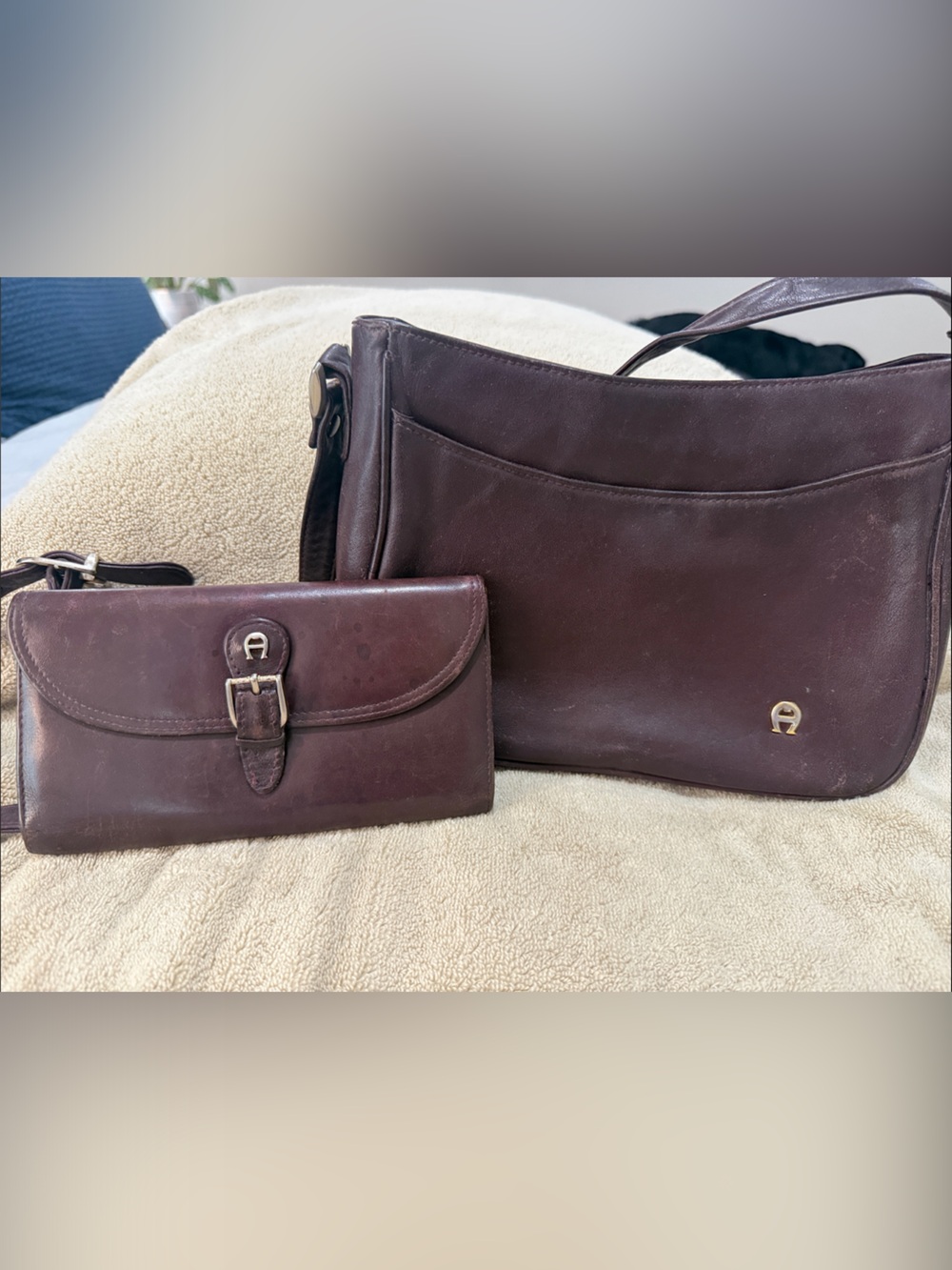 Etienne Aigner Dark Brown Leather Messenger Bag with Matching Wallet